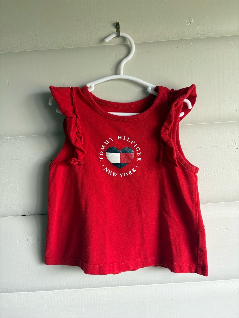 3/$25 Tommy Hilfiger Toddler Girls Ruffle Tank Top Size 3 Heart Flag Logo Red